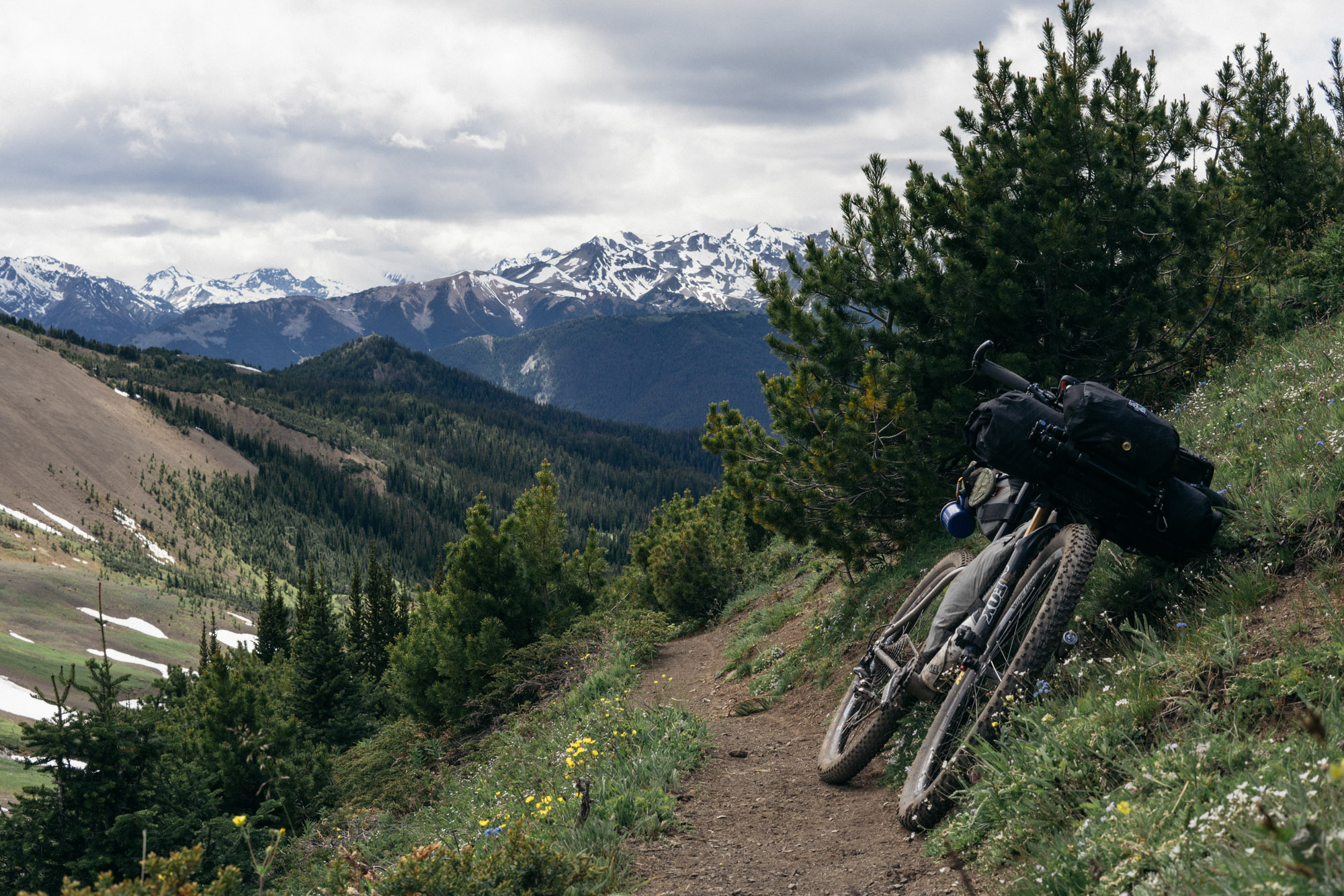 In search of alpine trails, I headed up High Trail. Lots of pushing the bike at this point. Yes, that is a tripod strapped to the bar bag. I had intended to practice my astrophotography skills on the trip. By the time it was dark enough, I was exhausted and ready for sleep. 2 pounds I probably could have left at home.